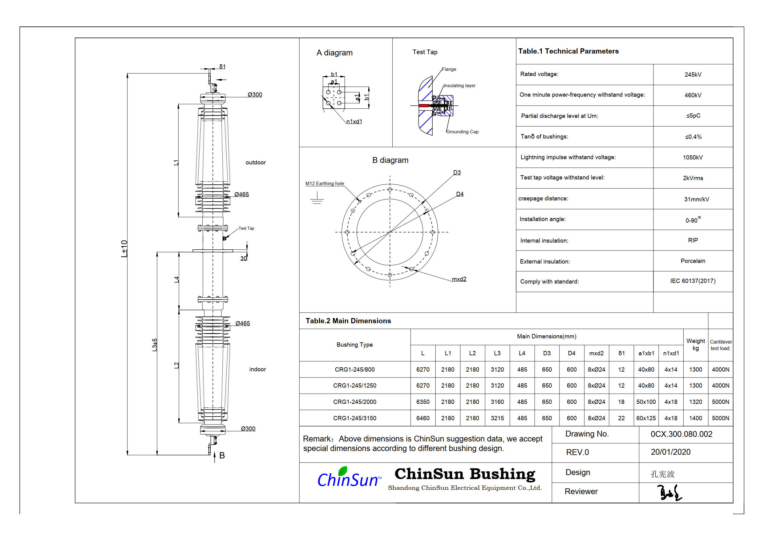 Drawing-wall bushing-245kV porcelain-ChinSun