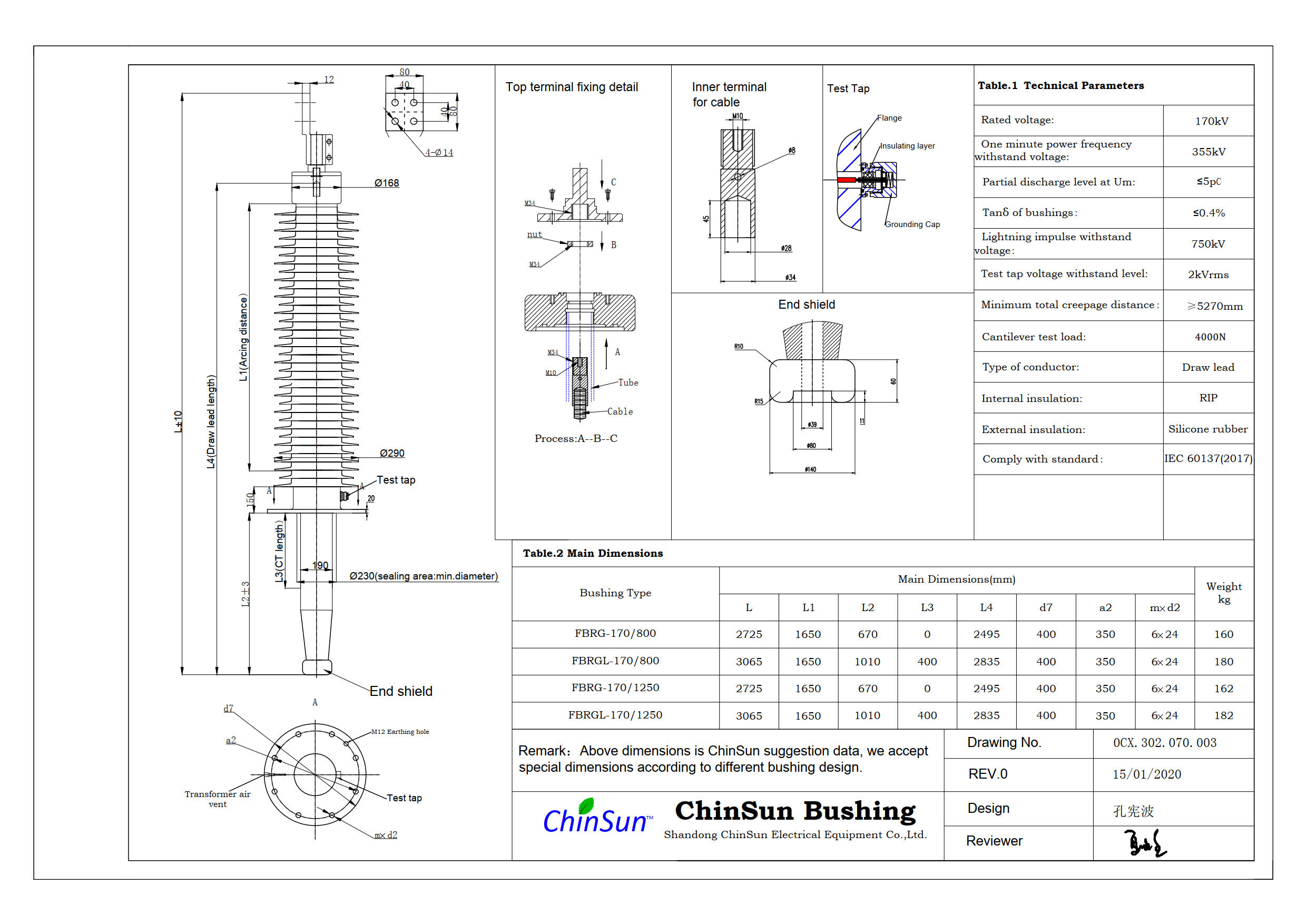 Drawing-transformer bushing-170kV_silicone rubber-DL-ChinSun