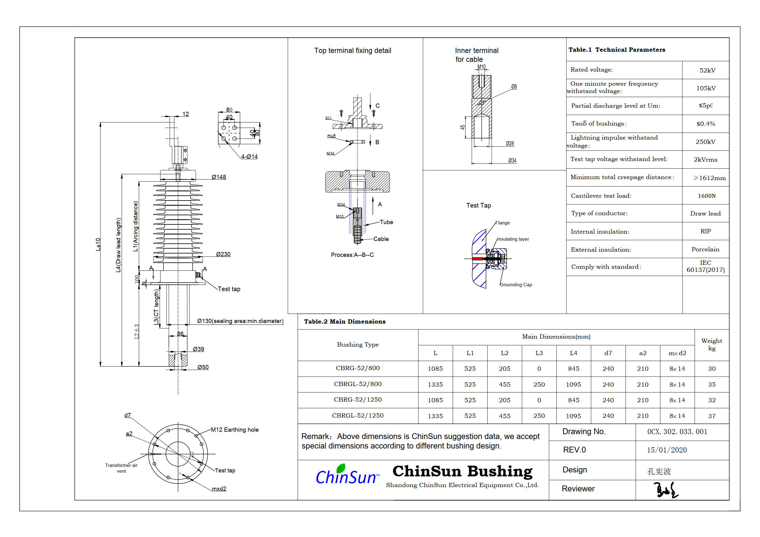 Drawing-transformer bushing-52kV_Porcelain-DL-ChinSun