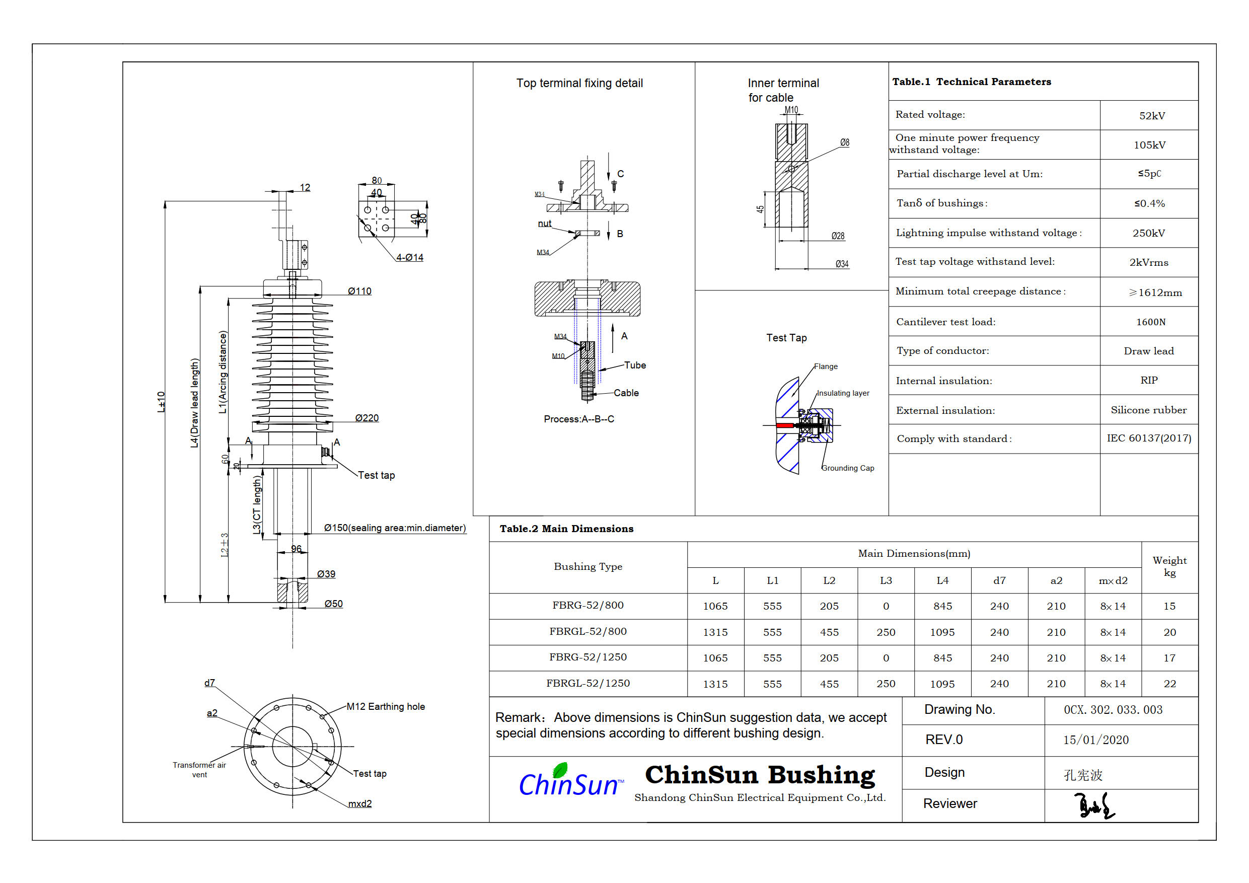 Drawing-transformer bushing-52kV_silicone rubber-DL-ChinSun