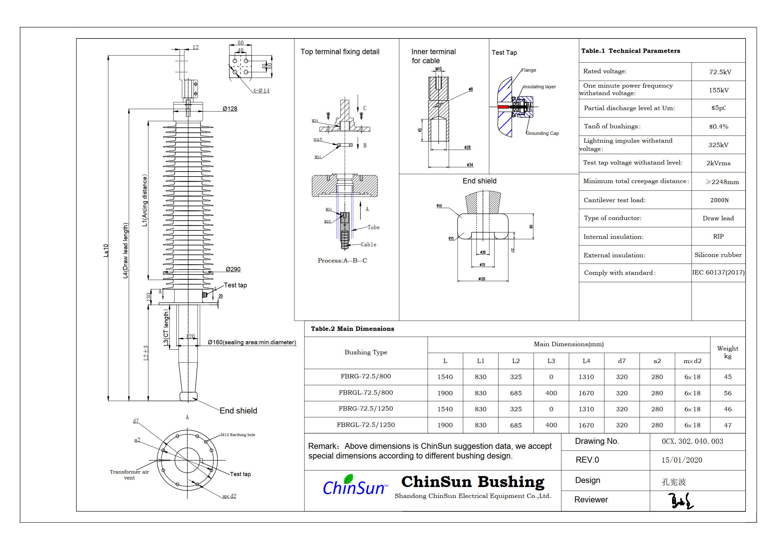 Drawing-transformer bushing-72.5kV_silicone rubber-DL-ChinSun