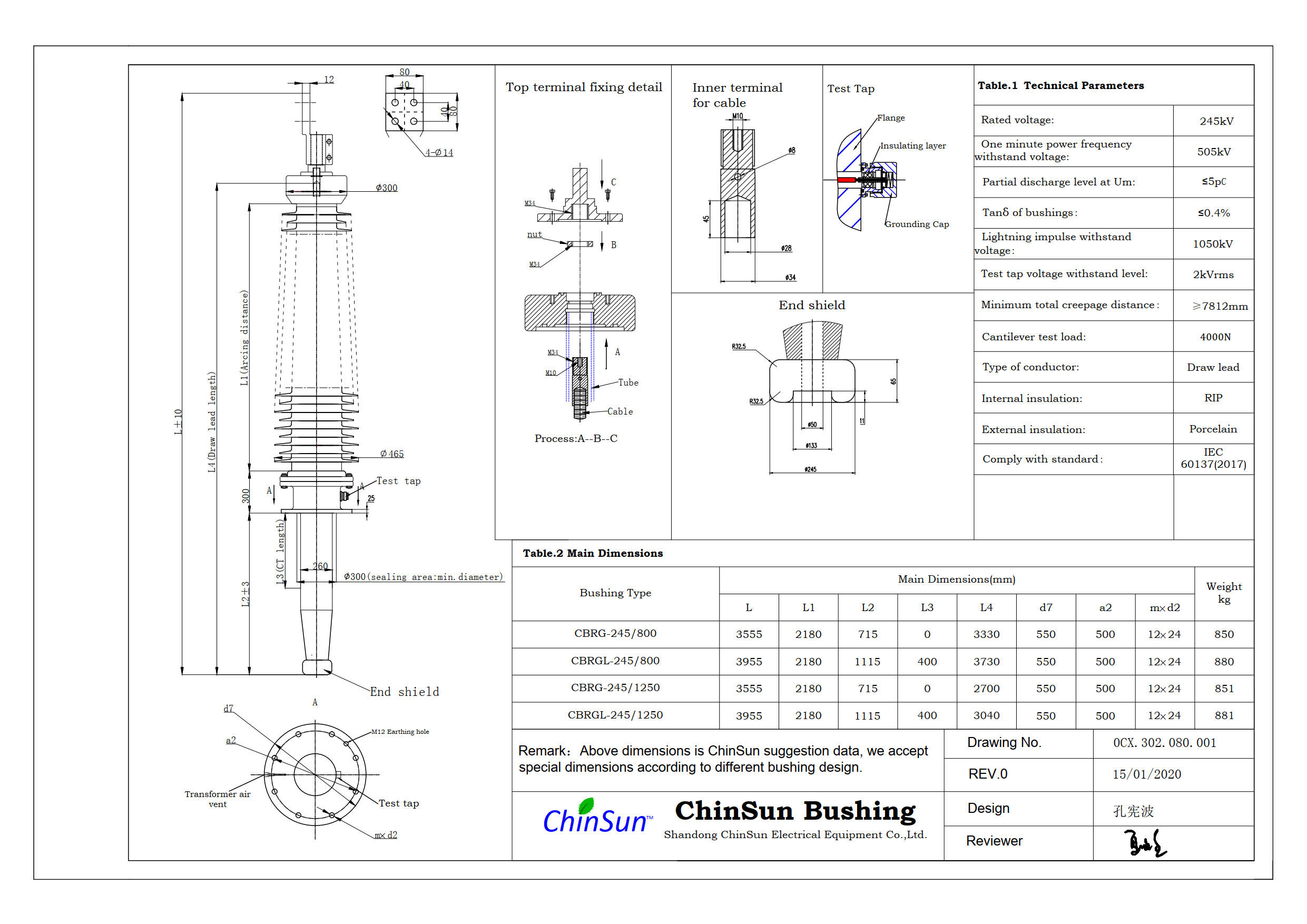 Drawing-transformer bushing-245kV_Porcelain-DL-ChinSun