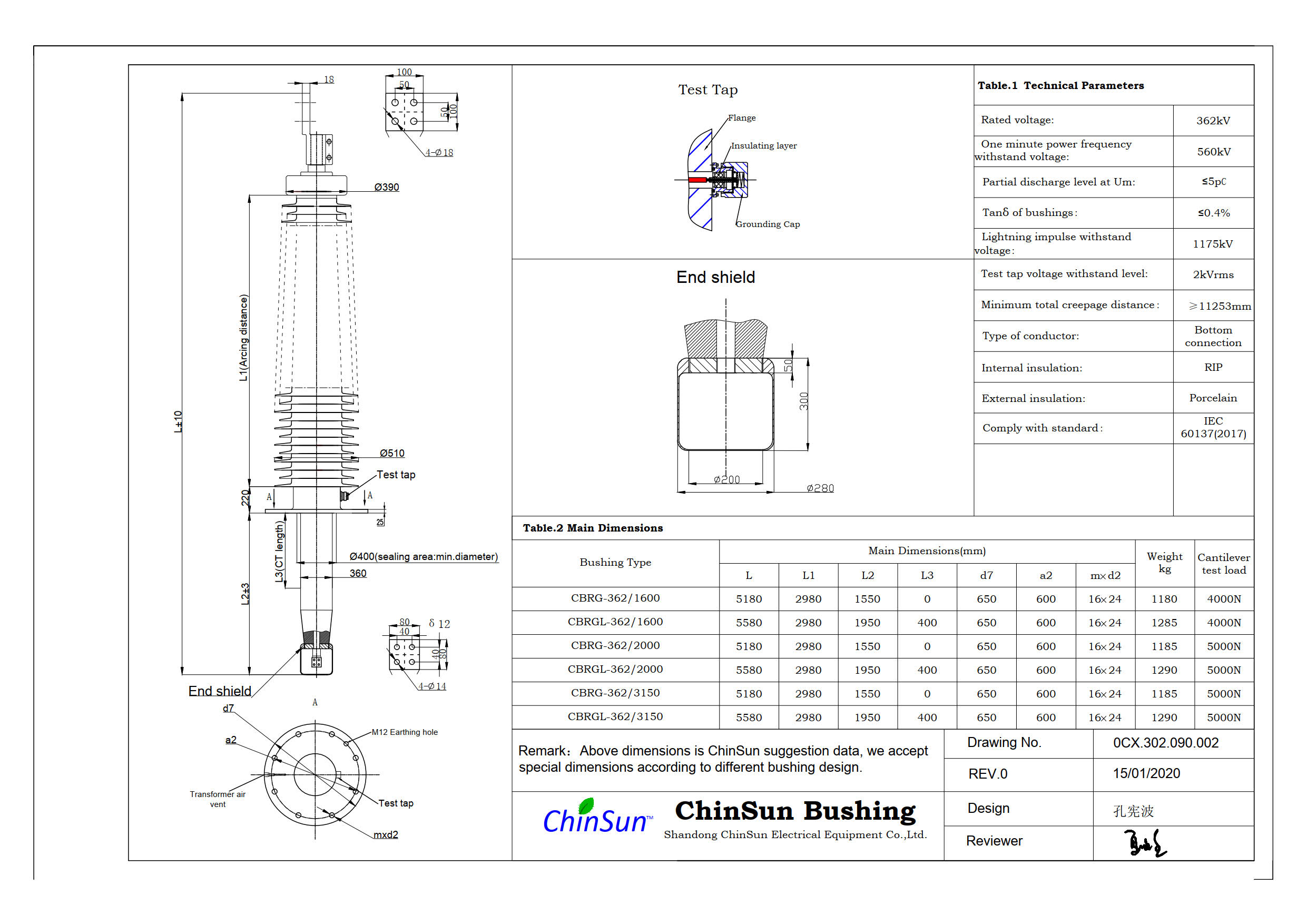 Drawing-transformer bushing-362kV porcelain-BC-ChinSun