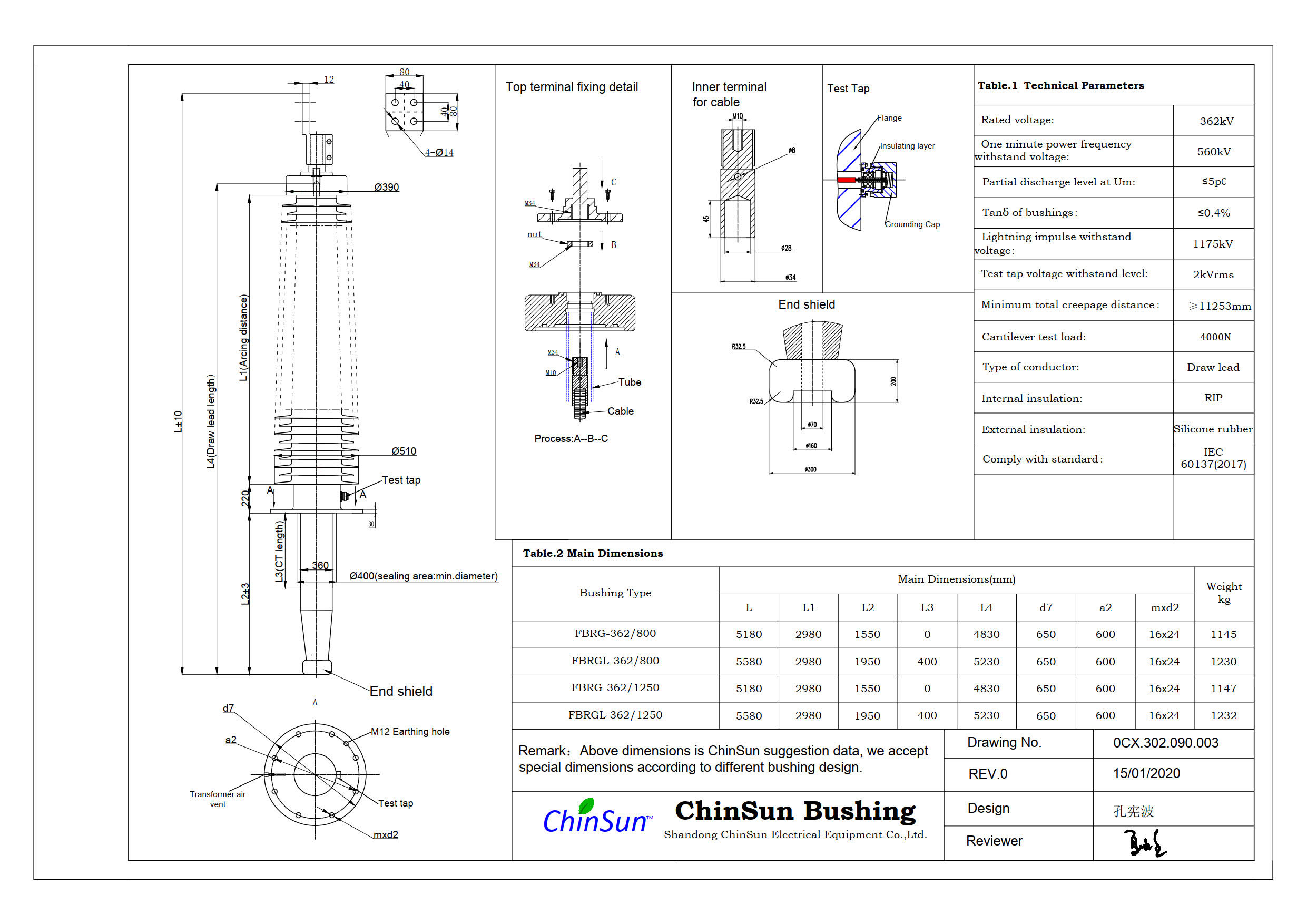 Drawing-transformer bushing-362kV_silicone rubber-DL-ChinSun